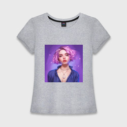 Женская футболка хлопок Slim Девушка с пирсингом и фиолетовыми волосами