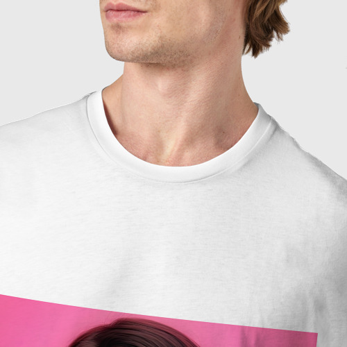 Мужская футболка хлопок с принтом Брюнетка с каре на розовом фоне, фото #4