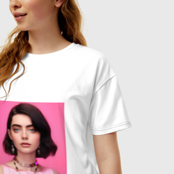Женская футболка хлопок Oversize Брюнетка с каре на розовом фоне - фото 2