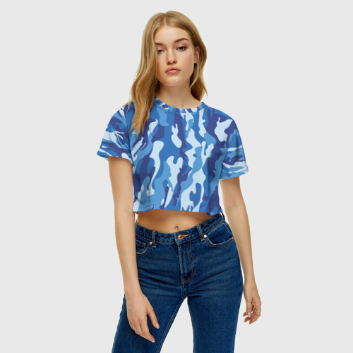 Женская футболка Crop-top 3D Blue military, цвет 3D печать - фото 3