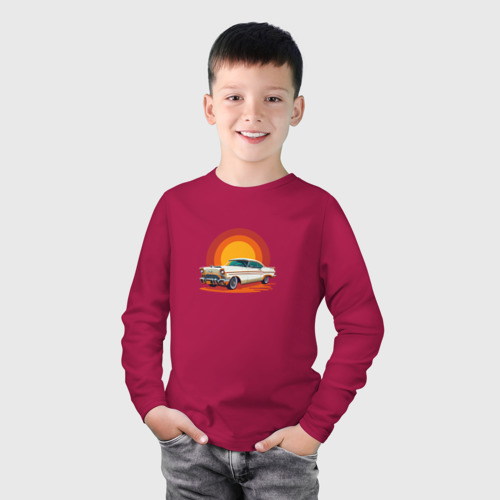 Детский лонгслив хлопок Ретро автомобиль Шевроле на закате, цвет маджента - фото 3