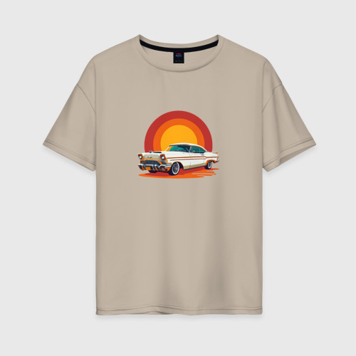 Женская футболка хлопок Oversize Ретро автомобиль Шевроле на закате, цвет миндальный
