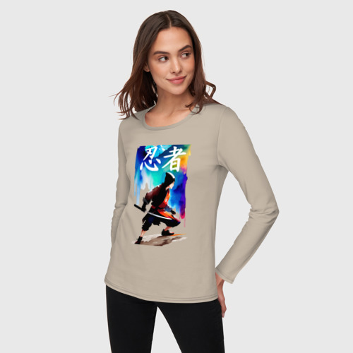 Женский лонгслив хлопок с принтом Ninja - hieroglyphs - watercolor, фото на моделе #1