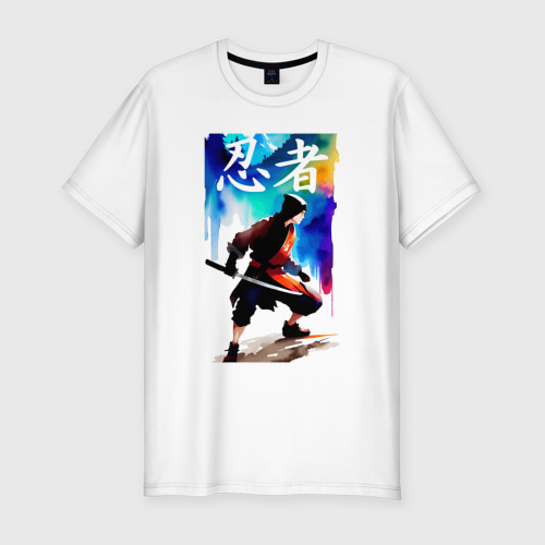Мужская футболка хлопок Slim Ninja - hieroglyphs - watercolor, цвет белый
