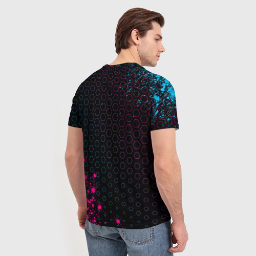 Мужская футболка 3D с принтом Mitsubishi - neon gradient: надпись, символ, вид сзади #2