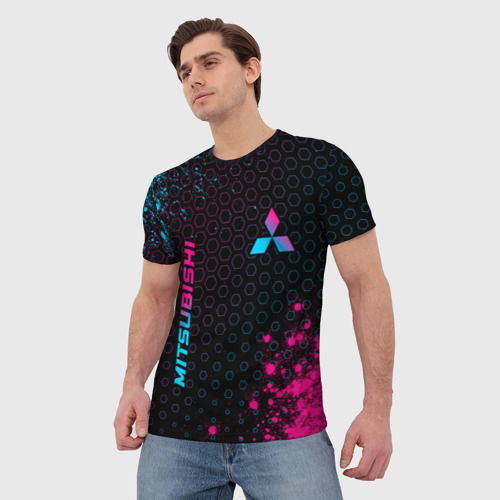 Мужская футболка 3D с принтом Mitsubishi - neon gradient: надпись, символ, фото на моделе #1