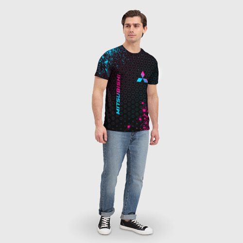 Мужская футболка 3D с принтом Mitsubishi - neon gradient: надпись, символ, вид сбоку #3