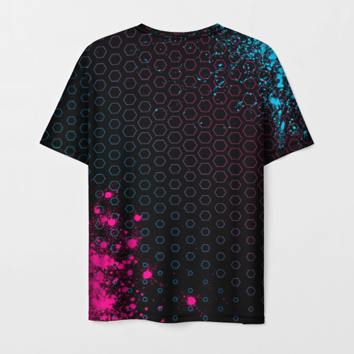 Мужская футболка 3D с принтом Mitsubishi - neon gradient: надпись, символ, вид сзади #1