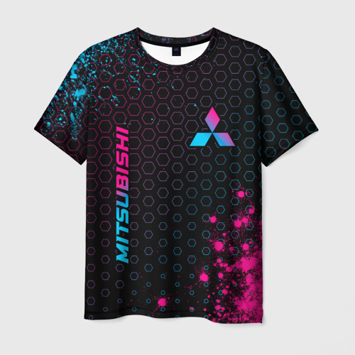 Мужская футболка 3D с принтом Mitsubishi - neon gradient: надпись, символ, вид спереди #2