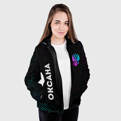 Женская куртка 3D Оксана и неоновый герб России: надпись, символ, цвет черный - фото 4