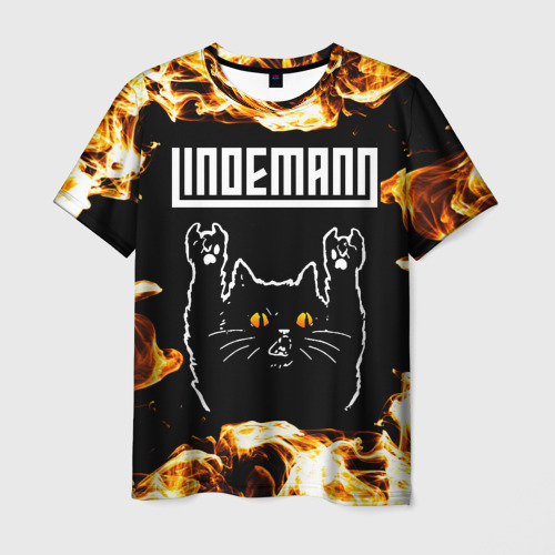 Мужская футболка с принтом Lindemann рок кот и огонь, вид спереди №1
