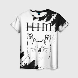 Женская футболка 3D HIM рок кот на светлом фоне