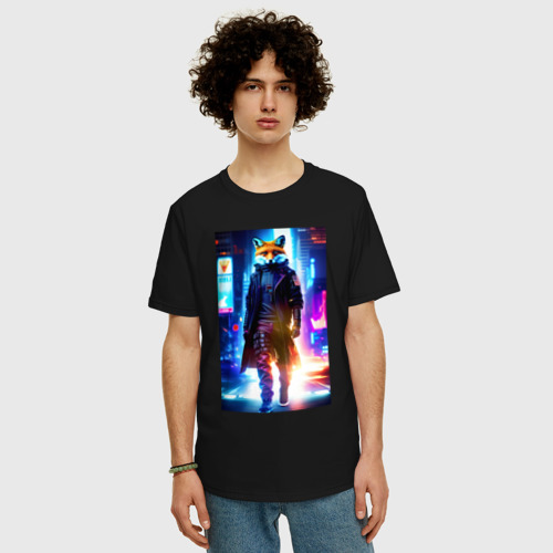 Мужская футболка хлопок Oversize Лис - хозяин ночного города - неон, цвет черный - фото 3