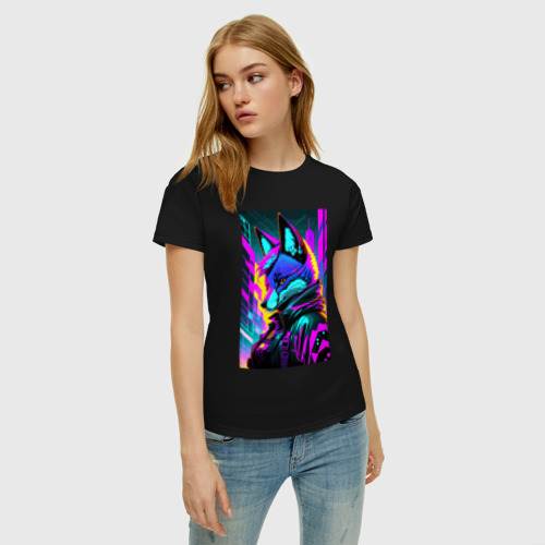 Женская футболка хлопок Неоновая лиса - Киберпанк - нейросеть, цвет черный - фото 3