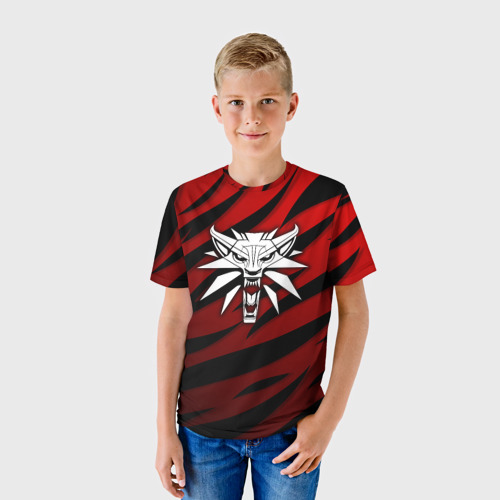 Детская футболка 3D с принтом Ведьмак - школа волка - красный, фото на моделе #1