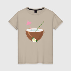 Кокос с соломинкой и зонтиком – Женская футболка хлопок с принтом купить со скидкой в -20%