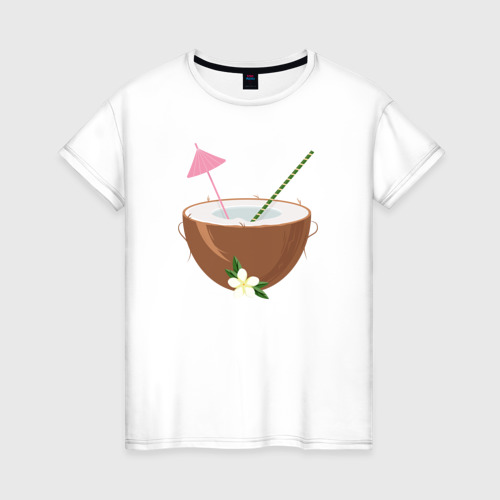 Женская футболка из хлопка с принтом Кокос с соломинкой и зонтиком, вид спереди №1