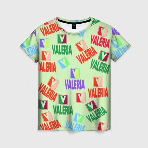 Женская футболка с принтом Валерия - разноцветный текст, вид спереди №1