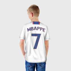 Футболка с принтом Мбаппе, белая форма для ребенка, вид на модели сзади №2. Цвет основы: белый