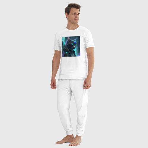 Мужская пижама хлопок с принтом Кот киберпанк - нейросеть, вид сбоку #3