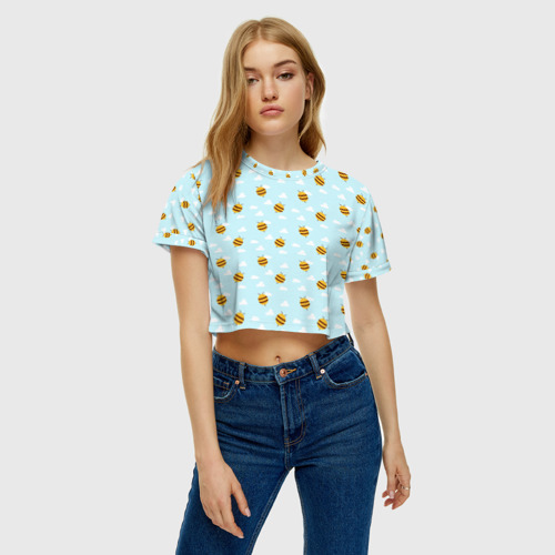 Женская футболка Crop-top 3D Паттерн облака и пчелы, цвет 3D печать - фото 3