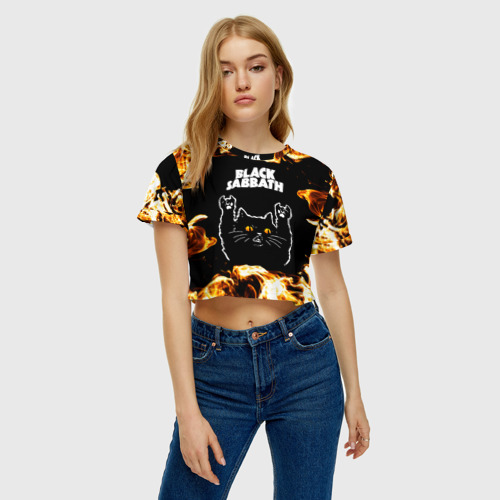 Женская футболка Crop-top 3D Black Sabbath рок кот и огонь, цвет 3D печать - фото 4