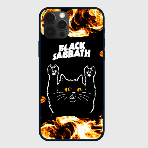 Чехол для iPhone 12 Pro с принтом Black Sabbath рок кот и огонь, вид спереди #2