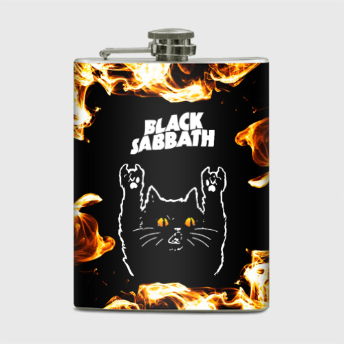 Фляга с принтом Black Sabbath рок кот и огонь, вид спереди №1