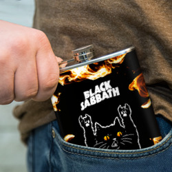 Фляга с принтом Black Sabbath рок кот и огонь для любого человека, вид спереди №4. Цвет основы: металл