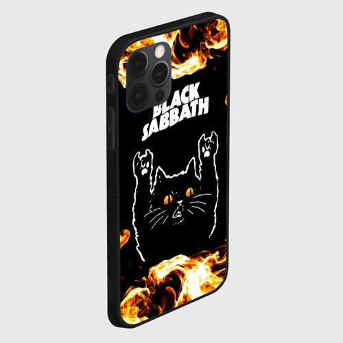 Чехол для iPhone 12 Pro с принтом Black Sabbath рок кот и огонь, вид сбоку #3