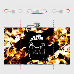 Фляга с принтом Black Sabbath рок кот и огонь для любого человека, вид спереди №5. Цвет основы: металл