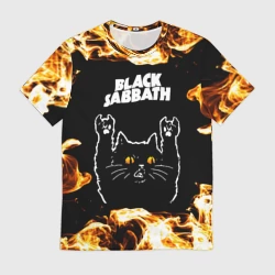 Мужская футболка 3D Black Sabbath рок кот и огонь