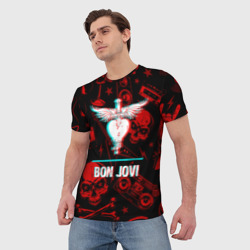 Футболка с принтом Bon Jovi rock glitch для женщины, вид на модели спереди №2. Цвет основы: белый