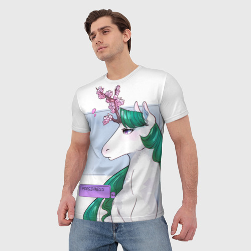 Мужская футболка 3D с принтом Весенний единорог с цветущей сакурой арт, фото на моделе #1