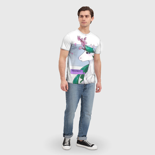 Мужская футболка 3D с принтом Весенний единорог с цветущей сакурой арт, вид сбоку #3