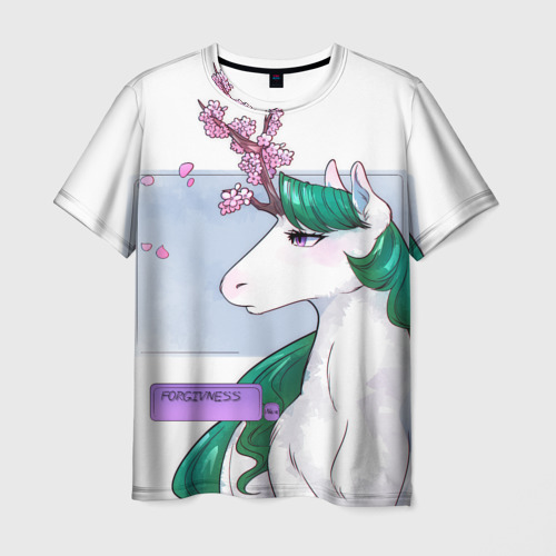 Мужская футболка 3D с принтом Весенний единорог с цветущей сакурой арт, вид спереди #2