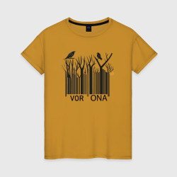Прикольный штрих-код из ветвей с воронами на ветках – Женская футболка хлопок с принтом купить со скидкой в -20%