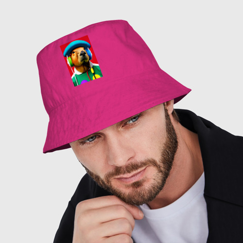 Мужская панама хлопок Капибара в наушниках и шляпе - нейросеть, цвет ярко-розовый - фото 3