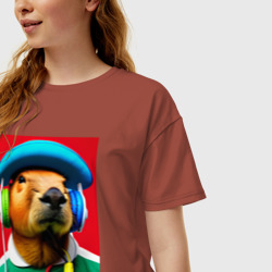 Женская футболка хлопок Oversize Капибара в наушниках и шляпе - нейросеть - фото 2