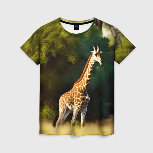 Женская футболка с принтом Жираф на фоне деревьев, вид спереди №1