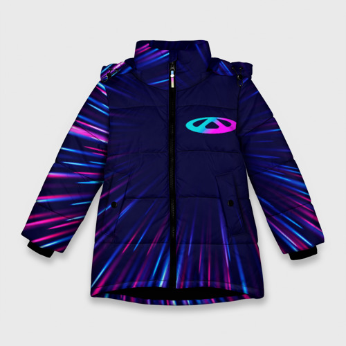 Зимняя куртка для девочек 3D с принтом Chery neon Speed lines, вид спереди #2