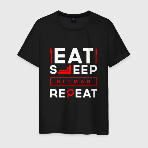 Мужская футболка хлопок Надпись eat sleep Hitman repeat, цвет черный