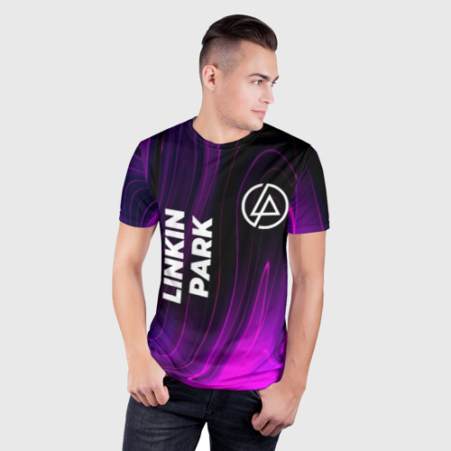 Мужская футболка 3D Slim с принтом Linkin Park violet plasma, фото на моделе #1