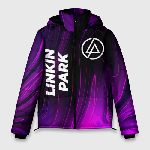 Мужская зимняя куртка 3D с принтом Linkin Park violet plasma, вид спереди #2