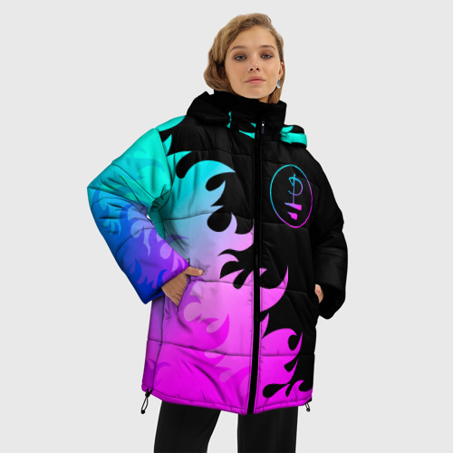 Женская зимняя куртка 3D с принтом Pink Floyd неоновый огонь, фото на моделе #1
