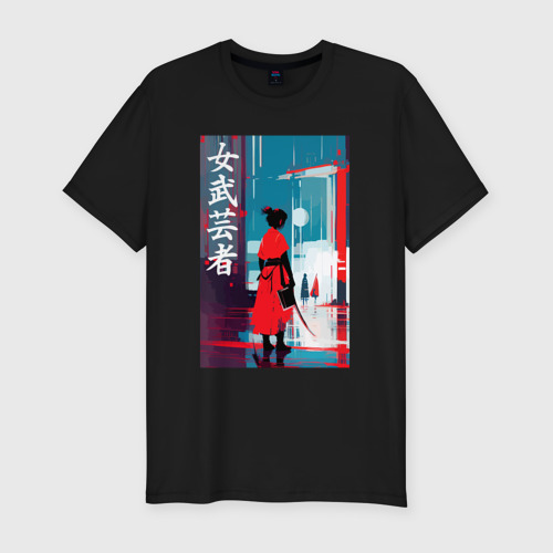 Мужская футболка хлопок Slim Онна-бугэйся - девушка-самурай - иероглифы - Япония, цвет черный