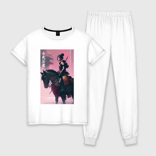 Женская пижама хлопок с принтом Онна-бугэйся -конная девушка-самурай - нейросеть, вид спереди #2