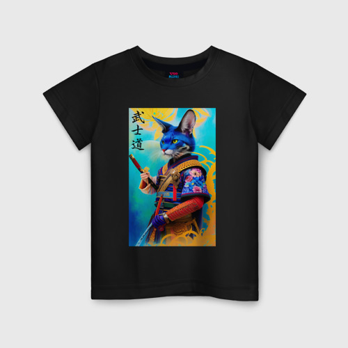 Детская футболка хлопок с принтом Бусидо - кодекс самурая - кот - нейросеть, вид спереди #2