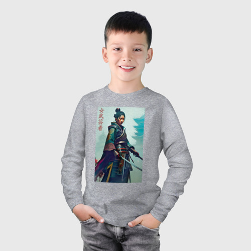 Детский лонгслив хлопок с принтом Онна-бугэйся - девушка-самурай - нейросеть, фото на моделе #1