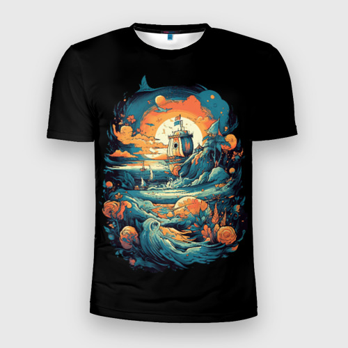 Мужская футболка 3D Slim с принтом Корабль и фантастические волны, вид спереди #2